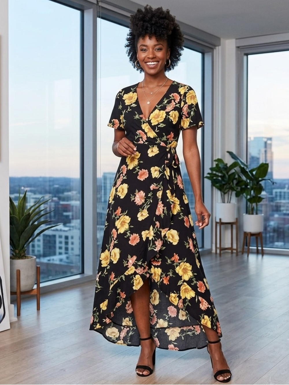 Forever 21 Floral Black and Yellow Women's Wrap Dress Small - Picture 1 of 6